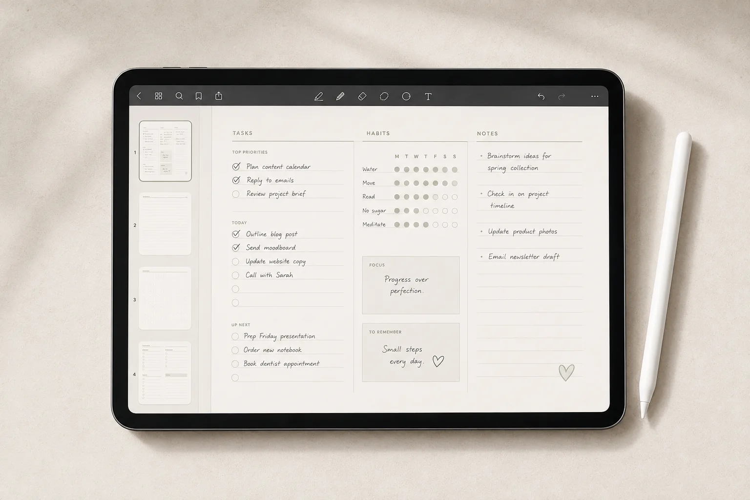 Reusable task, habit, and notes pages open on a tablet beside a white stylus